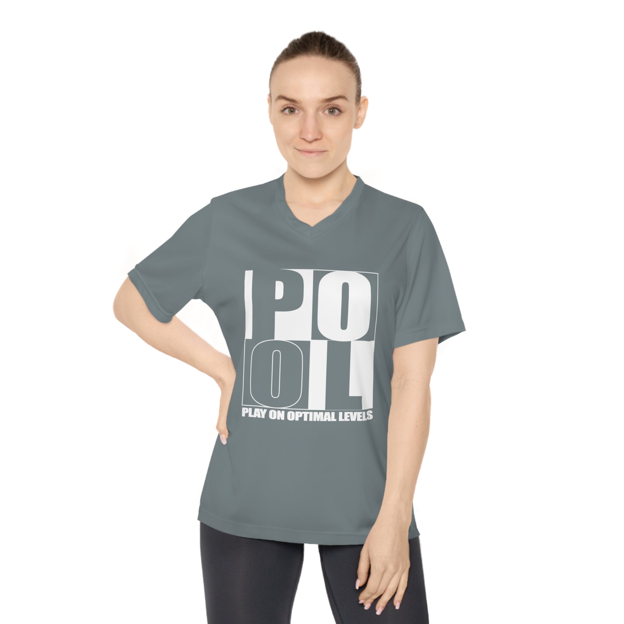 Women's Performance V-Neck T-Shirt — 'Pool' Block Logo Front & Silver Fox Lette Back