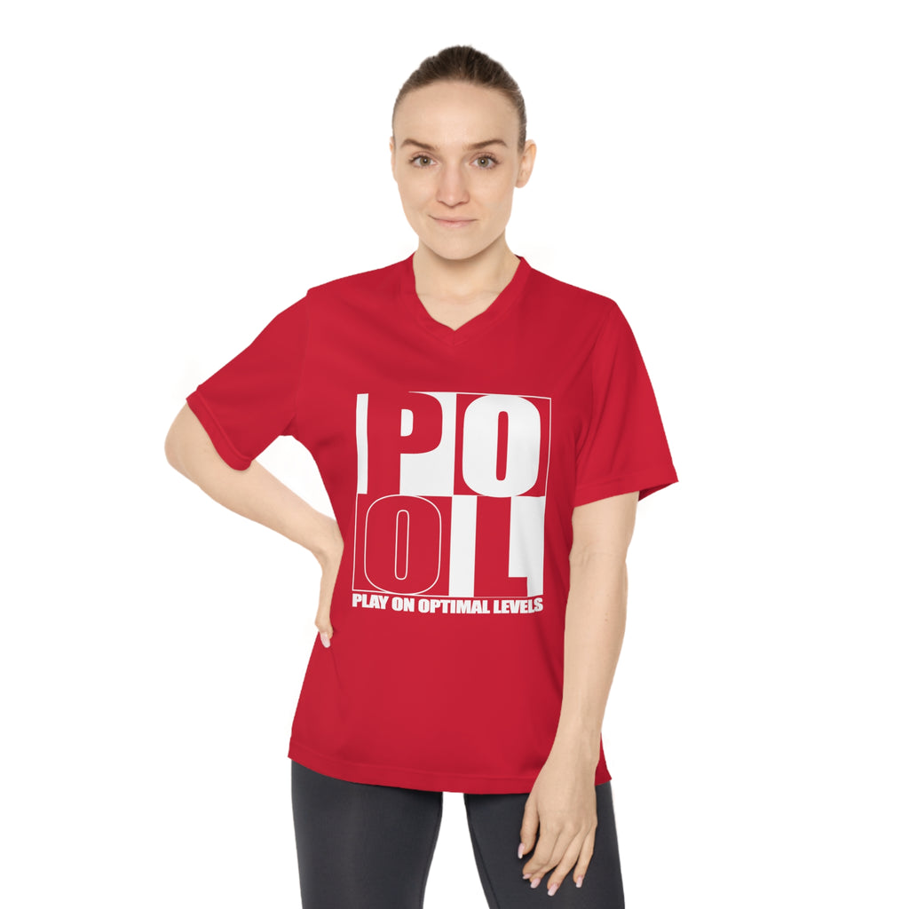 Women's Performance V-Neck T-Shirt — 'Pool' Block Logo Front & Silver Fox Lette Back