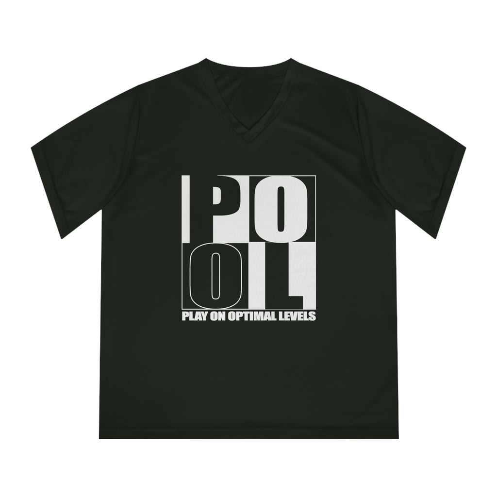 Women's Performance V-Neck T-Shirt — 'Pool' Block Logo Front & Silver Fox Lette Back
