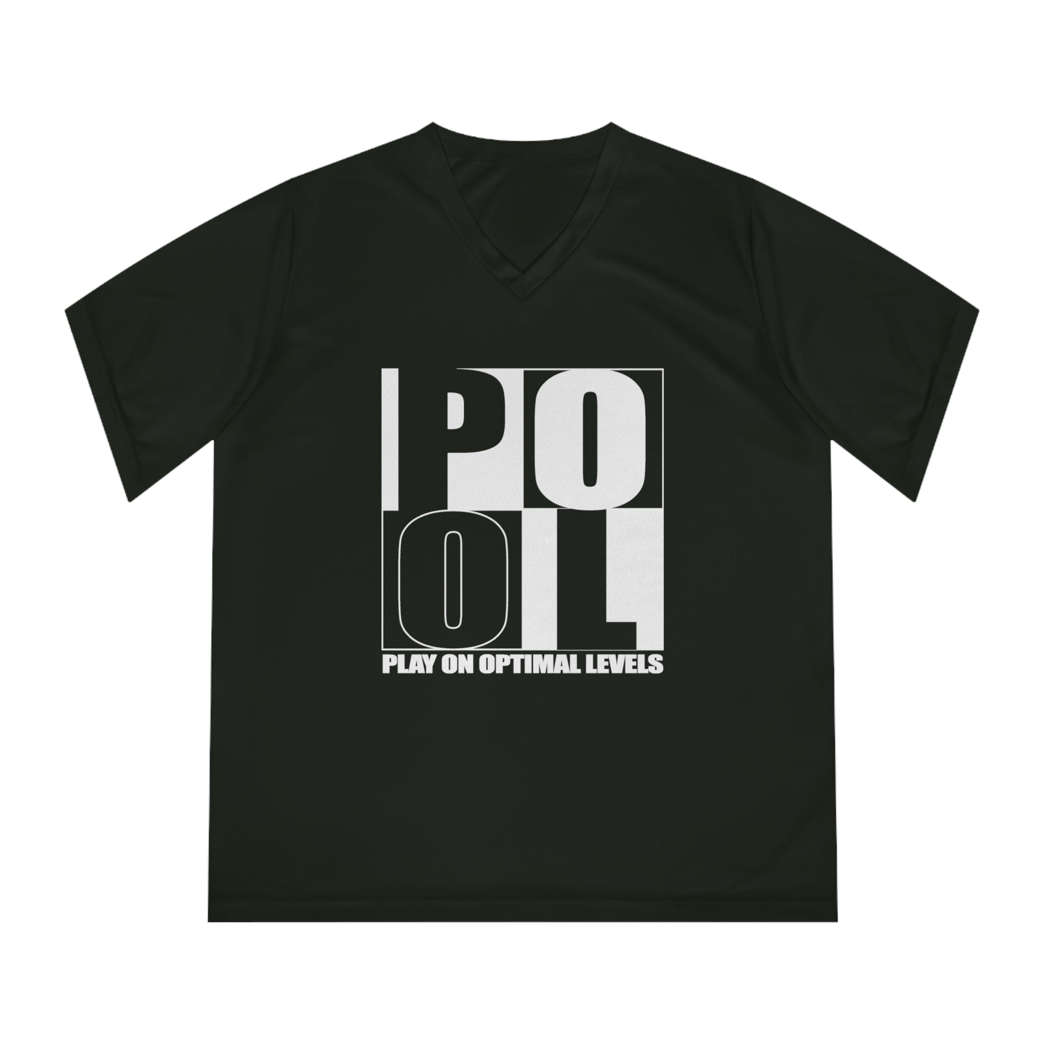 Women's Performance V-Neck T-Shirt — 'Pool' Block Logo Front & Silver Fox Lette Back