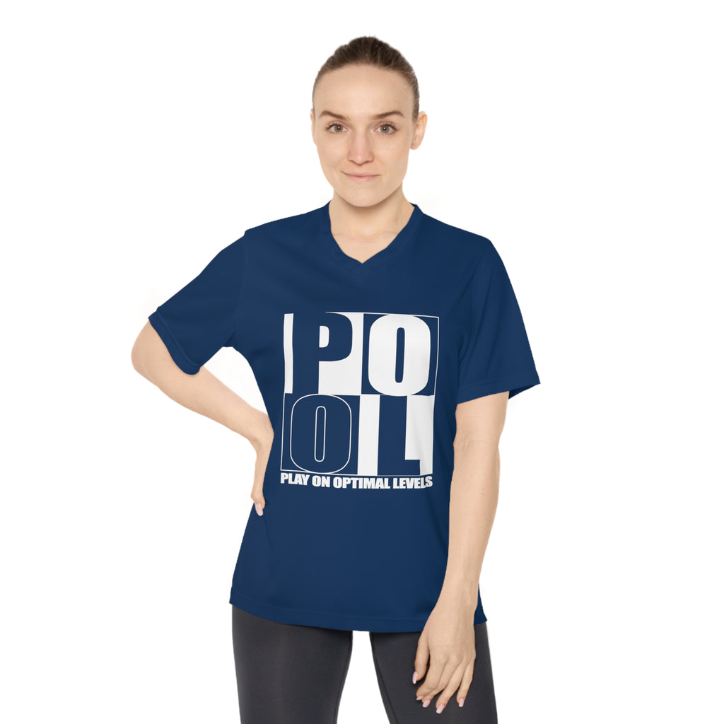 Women's Performance V-Neck T-Shirt — 'Pool' Block Logo Front & Silver Fox Lette Back