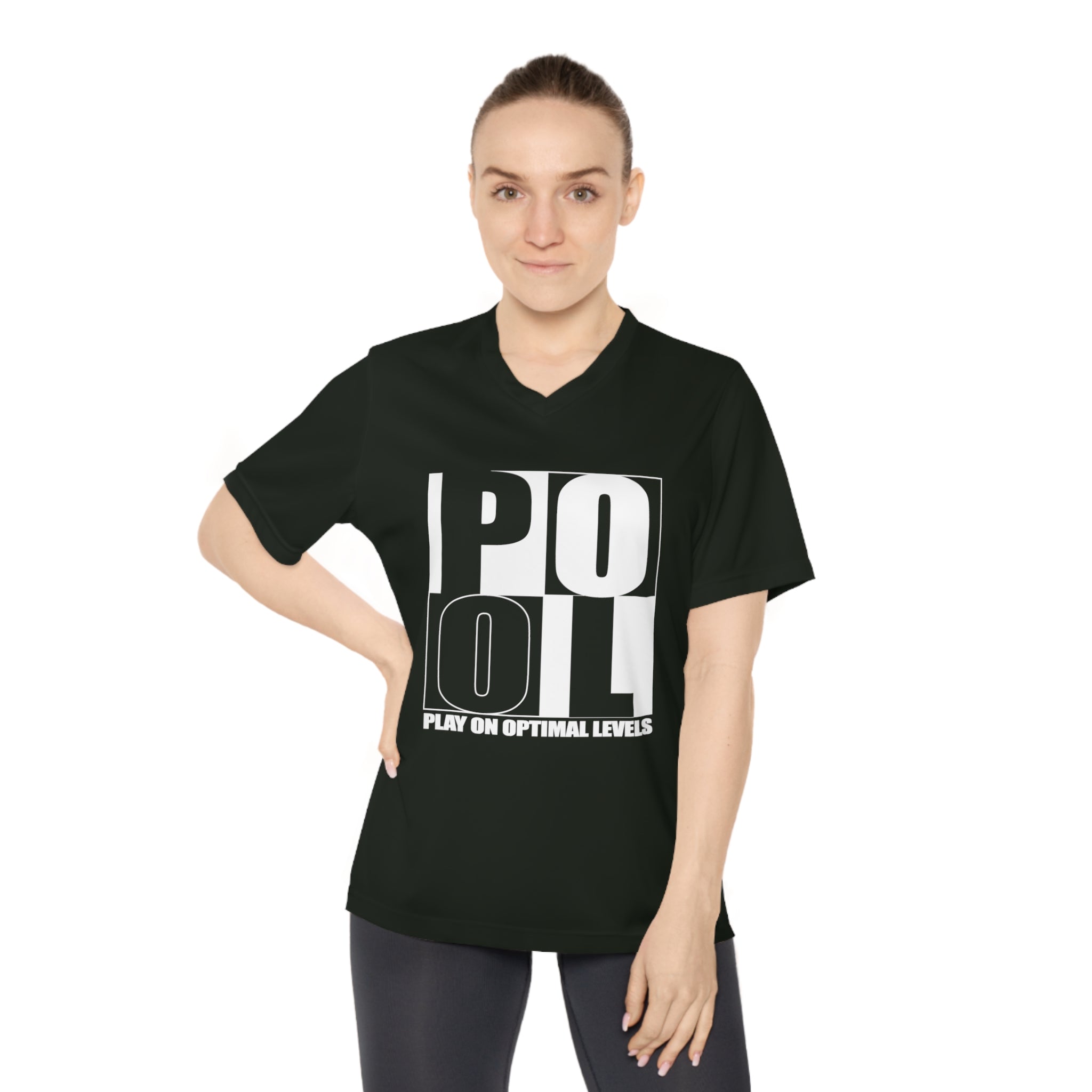 Women's Performance V-Neck T-Shirt — 'Pool' Block Logo Front & Silver Fox Lette Back